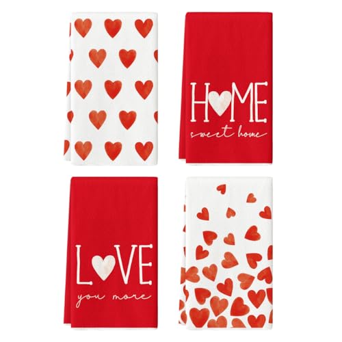 Artoid Mode Red Heart Love Valentines Kitchen Towels Dish Towels 18×26 Inch Farmhouse Anniversary Wedding Decoration Hand Towels Set of 4