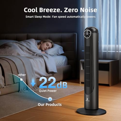 Image of Antarctic Star T36 Tower Fan, 36 Inch DC Motor Bladeless Oscillating Fan with Remote, 6 Speeds & 4 Modes, LED Display, 9H Timer, Quiet Floor Standing Fan for Bedroom Living Room Office, Black