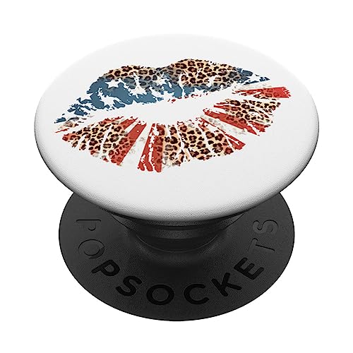 Kissing Lips Smooch Pucker Patriotic July 4th Leopard Flag PopSockets Swappable PopGrip, Black
