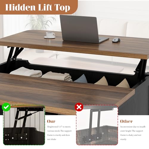 Image of Decofy Lift Top Coffee Table with Storage, Square Coffee Table with Large Hidden Storage & Adjustable Shelves, Farmhouse Center Table with Sliding Door for Living Room, Home Office, Black