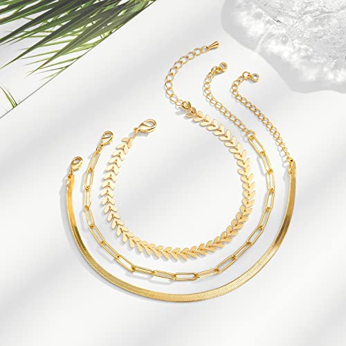 Image of KissYan Gold Layered Ankle Bracelets for Women, Dainty 14k Gold Plated Layering Anklets Set Adjustable Fashion Cuban Link Snake Tennis Chain Ankles Summer Beach Foot Jewelry
