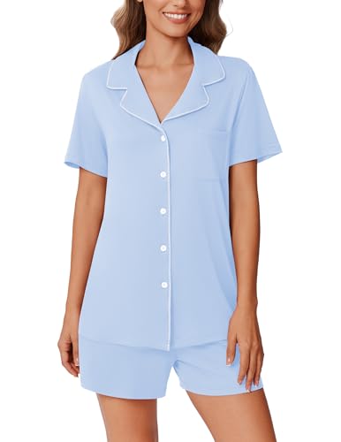 Image of Ekouaer Pajamas Set for Women 2 Piece Pjs Short Sleeve Sleepwear Button Down Lounge Shorts Sets S-XXL