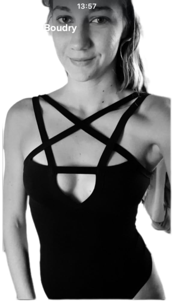 LJJPMLLPZ Women Hollow Out Low Chest Pentagram Bodysuit Gothic Dark Street Jumpsuit: Small