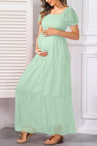 Image of Off The Shoulder Maternity Dress for Baby Shower - Women's Boho Swiss Dot Smocked Puff Sleeve Maxi Dress