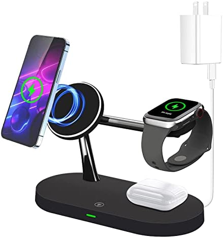 4 in 1 Magnetic Wireless Charger Compatible with MagSafe Charger Stand,Fast Wireless Charging Station with 15W QC3.0 Adapter for iPhone 13, Pro, Pro Max, Mini, iWatch 2-6/SE and AirPods 2/Pro (Black)