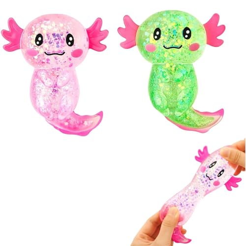 Squishy Fidget Toys 2 Pcs Axolotl Squishy Toy Glitter Fidget Toys Cute Malts Sugar Axolotl Toy for Anxiety Relief and Improving Focus Sensory Play Gifts for Teens and Adults Birthday Gift(Pink&Green)