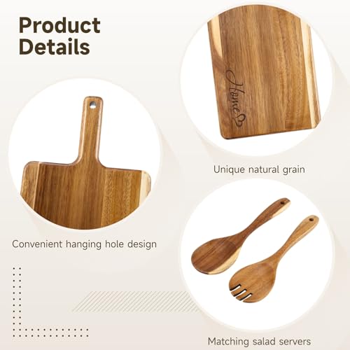Juego de tabla de cortar de madera, tabla de picar y servir de madera maciza con cuchara y tenedor para ensalada, bandeja decorativa para cocina ideal como regalo para mudanza, boda o nuevo hogar miniatura 2