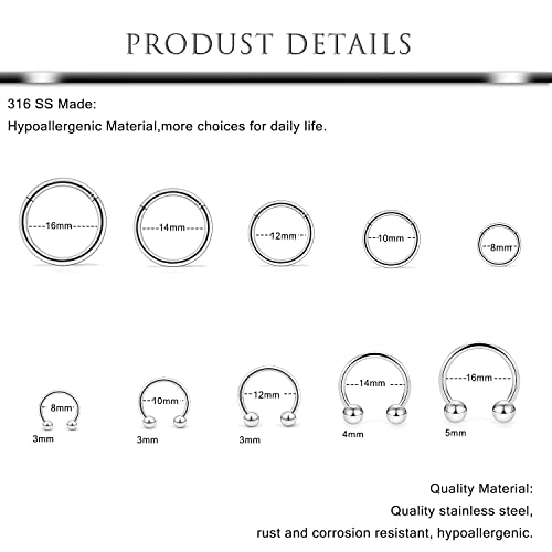 Hoeudjo 16G Stainless Steel Hinged Clicker Segment Septum Rings Horseshoe Earring Nose Lip Ring Hoop Cartilage Tragus Daith Helix Sleeper Earrings Body Piercing Jewelry 8mm-16mm2