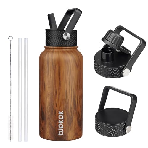 Image of BJPKPK Insulated Water Bottles with Straw Lid, 27oz Stainless Steel Water Bottle with 3 Lids, Leak Proof BPA Free Metal Thermo, Mugs, Tumblers, Keep Cold Hot - Teakwood