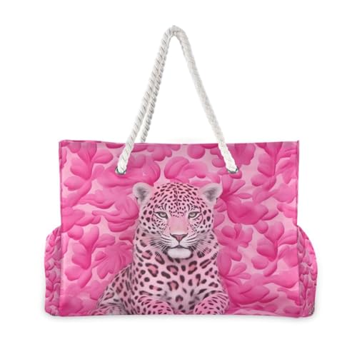 Leopard Pink Beach Bag & Travel Tote Bag Large Sandproof with Zipper Closure, Wet Pouch for Swim Gym Travel, Lightweight Foldable Outdoor Bag2