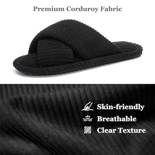 House Slippers for Women Open Toe Fuzzy Womens Slippers Indoor Outdoor Crossband with Corduroy Memory Foam Warm Gifts for Women Anti-Skid Size 11 12 Black2