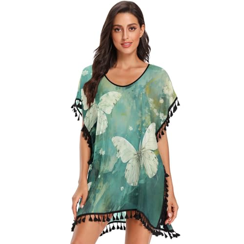 KAAVIYO Oil Artwork Butterflies Women's Beach Cover Up Chiffon Tassel Swimwear Swimsuit Coverups for Girl