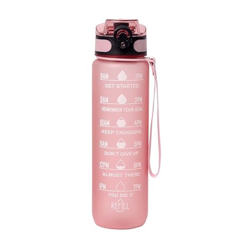 KippyKul 1L Motivational Fitness Sport Water Bottles with Straw & Time Maker, Leak-proof, BPA-free Plastic Bottle (Pink)