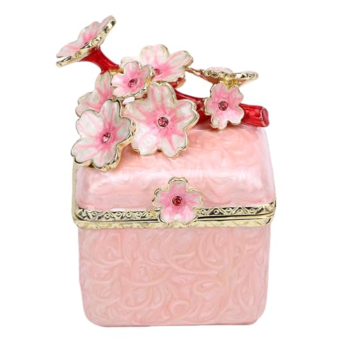 Sunicon Cherry Blossom Jewelry Box, Metal Exquisite Antique Style Jewelry Case Home Decor for Shelf Vanity Desk (Pink)