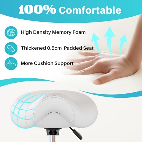 Image of YEEZEE Saddle Stool Ergonomic- Comfortable Rolling Saddle Stool with Wide Thick Saddle Seat Padding, Swivel Adjustable Saddle Chair with Wheels and Ring Pedal for Medical Massage Salon (Classic White)