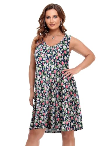 Image of BELAROI Women Casual Summer Dresses Plus Size Sundress V Neck Swing Tank Dress Sleeveless Criss-Cross Beach Cover Ups Pockets
