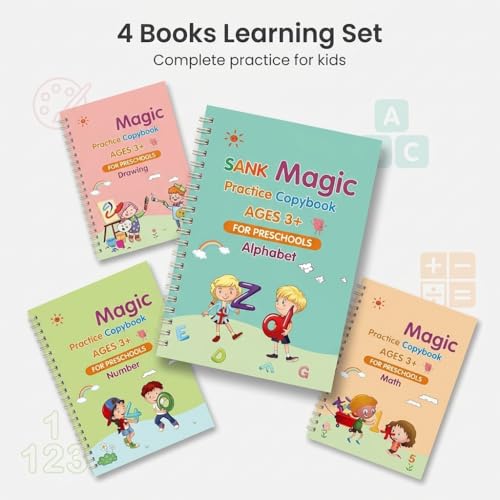 Image of Magic Practice Copybook Set for Kids (4 Books + 1 Pen + 10 Refills) | Reusable Number & Alphabet Tracing Book | Magic Calligraphy Writing Practice Book for Preschool Learning Tool
