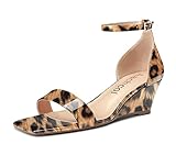 Aachcol Women Wedge Sandals Square Open Toe Mid Low Heel Ankle Strap Dress Shoes 2 Inch, Brown Leopard, 8.5