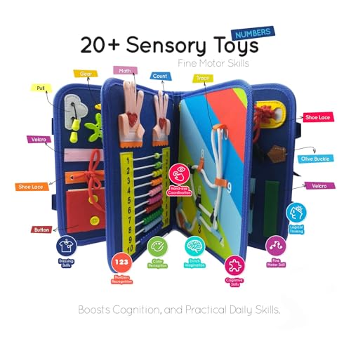 Image of Sensory Activity Boards for Autism, ADHD, SPD (Sensory Processing Disorder) - Social Emotional Learning - Buckles Buttons Shoelace. Montessori Motor Skills - Travel (Numbers)