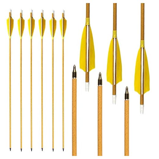 MS Jumpper 6 Pack 29 inch Archery Hunting Carbon Arrows, Wood Grain Carbon Shaft Spine 500 Fletching 4" Real Feathers for Compound Recurve Bow