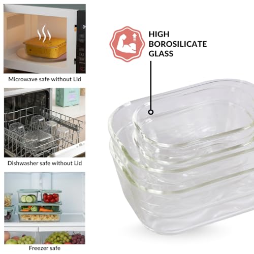 Image of Nestasia Groovo Glass Containers with Lid Set of 7 (310ml x 4, 520ml x 2, 1200ml x 1) - Transparent Stackable Fridge Storage Box, Microwave & Dishwasher Safe (Green)