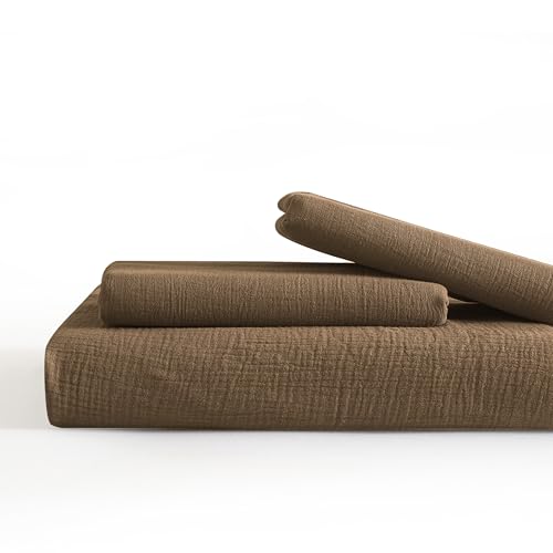 SE SOFTEXLY Muslin Duvet Cover Oversized King Size, 100% Washed Cotton Duvet Cover Set, Soft Comforter Cover Linen Like, 3 Pieces Minimalist Gauze Duvet Cover with 2 Pillowcases, 98"x120", Dark Brown