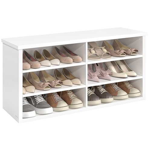 VASAGLE Schuhbank, Sitzbank mit Stauraum, Schuhregal 6 Fächer, verstellbare Ablagen, für Wohnzimmer, Flur, 29,5 x 100 x 50 cm, wolkenweiß LSB036W01