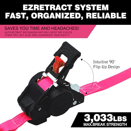Image of Retractable Ratchet Straps 1 inch x 13Ft, Heavy Duty Self Retracting Tie Down Straps, 1800lb Break Strength Auto Retract Cargo Straps for Truck, Trailer, Motorcycle, ATV, UTV, (Pink, 4 Pack)