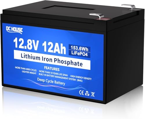 DCHOUSE 12V 12Ah LiFePO4 Batería de litio con 15A BMS, 10 años de vida útil, 10000+ ciclos, para Marina, Trolling Motor Fish Finder, Kayak, Power Wheels, UPS