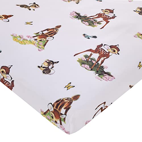 Image of Disney Vintage Bambi - Tan, Green and White, Bambi and Thumper Floral Nursery Fitted Polyester Mini Crib Sheet