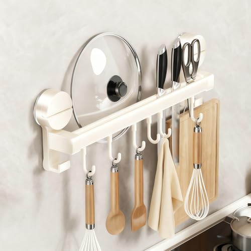 YipuVR キッチンツールフック 壁掛け 強力吸盤 台所 収納 キッチン収納 防水防錆 高耐荷重 取り外し可能 鍋蓋置き 壁を傷つけず穴あけ不要 ダブルバー 6個可動式フック 30cm 金属 アルミニウム (ミルクホワイト)