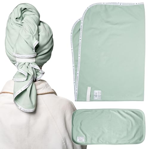 Curlfriend Collective Cotton Cloud T-Shirt Hair Towel Duo Sage The Day Hair Towel Wrap for Women XL + Mini Hair Drying Towels for Curly Hair No-Slip Plopping Towel Ultra Absorbent Cotton