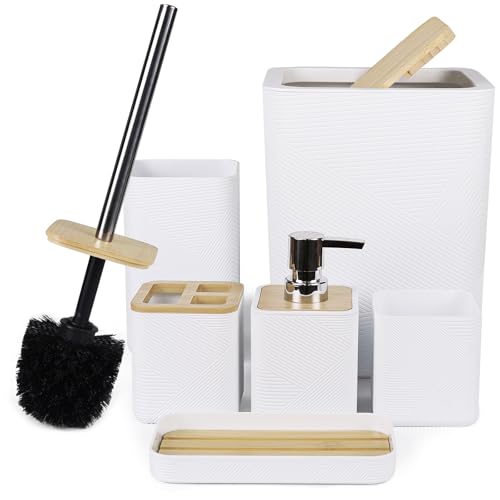 CERBIOR Bathroom Accessories Set 6 Piece Bamboo Bath Ensemble Includes Soap Dispenser, Toothbrush Holder, Toothbrush Cup, Soap Dish for Decorative Countertop and Housewarming Gift (White)