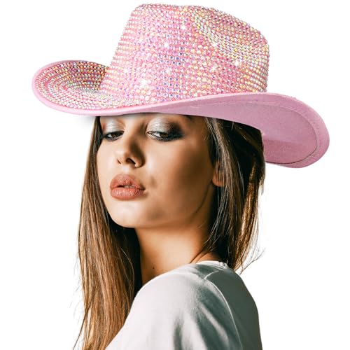 Hercicy Rhinestone Cowboy Hat with Diamond Fringe Bling Cowgirl Hat With Western Wide for Cosplay Wedding