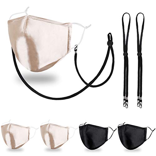Reusable Cloth Face Mask Women, Designer Adjustable Breathable Washable Plain Solid Blank, Mulberry Satin Silk Spandex Stretchy Most Comfortable Female Adult Stitch Winter Black Gold