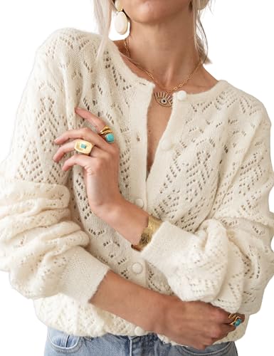 Womens Lightweight Crochet Cardigan Long Sleeve Fancy Openwork Knit Sweater Reversible Jumper