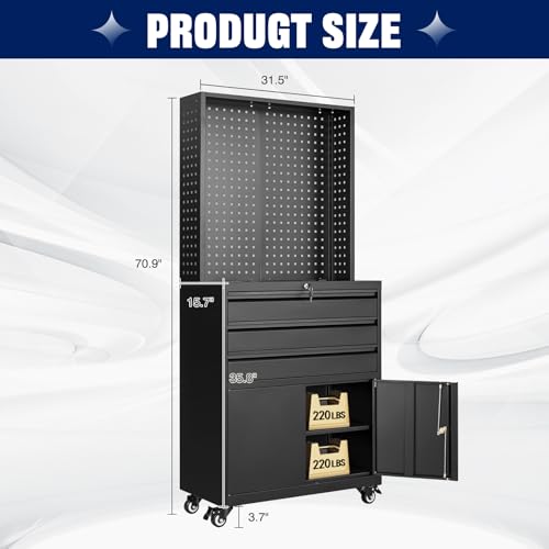 Image of Yizosh Metal Garage Storage Cabinet with Wheels,3-Drawer Rolling Tool Cabinet with 2 Door and Adjustable Shelves,- 71 inch Steel Tool Cabinet for Warehouse,Garage,Workshop