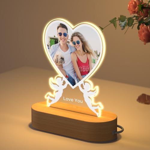 HOBULL Fotorahmen Personalisiert Foto Herz Bilderrahmen Beleuchtung, LED Bild Acryl Glas Personalisierte Geschenke mit Foto, Fotogeschenk für Frauen Freundin Geburtstag Jahrestag Valentinstag