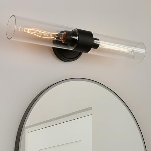 Image of 2-Lights Modern Wall Sconces Black Bathroom Vanity Light with Handblown Clear Glass Hardwired Wall Sconce Light for Bathroom Mirror Bedroom Livingroom Hallway Indoor