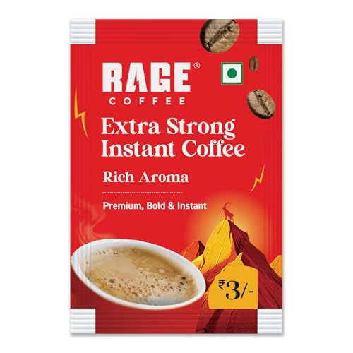 Image of RAGE COFFEE Extra Strong Premium Blend Coffee Powder|Pack Of 100|Premium, Bold & Instant|Instant Coffee & Chicory- 100% Arabica Beans For Hot & Cold Coffee|0.27 Kilograms|Sachets