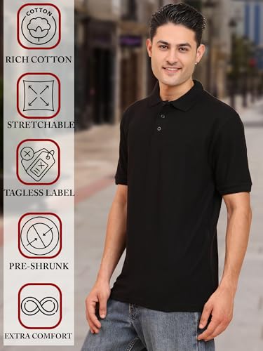 Image of Men's 100% Cotton Polo T-Shirt - Solid Plain Short Sleeve Tee with Classic Collar for Everyday Casual & Smart Wear