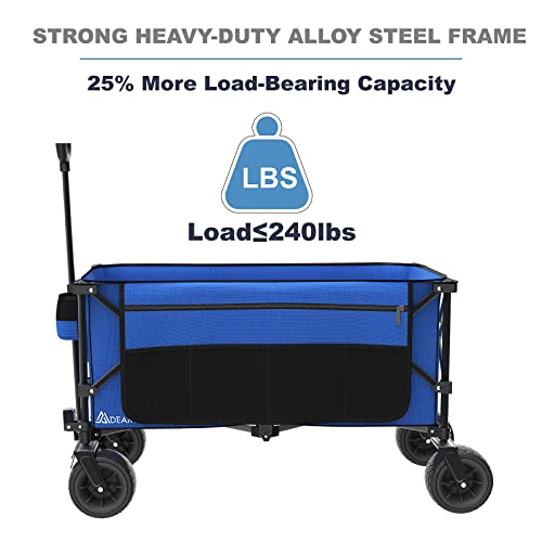 Mdeam Folding Collapsible Wagon,Large Capacity Outdoor Wagons Carts Heavy Duty Foldable Utility With Big All-Terrain Wheels &2 Side Pocket For Camping,Sports(Blue) #TOP5