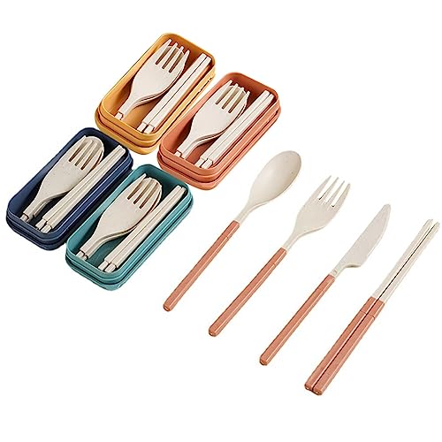 Eforcase Reusable Travel Utensils with Case, 4 Sets Detachable Portable Cutlery Wheat Straw Cutlery Set Chopsticks Knives Fork Spoon Set Accessories, Picnic Camping Utensil Flatware Sets