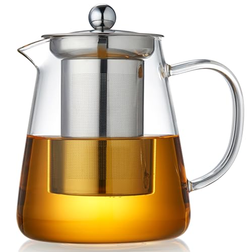 MESNEY Tetera de vidrio de borosilicato con mango resistente al calor, infusor de malla de acero inoxidable, apta para hojas sueltas y té floreciente
