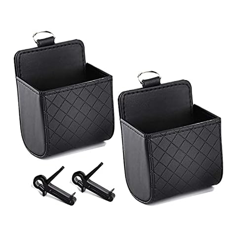Dulau 2 Pieces Car Organizer, Interior Storage Bag PU Car Organiser, Vehicle Air Vent Hanging Bag Storage Box, for Mobile Phones Glasses Keys Coins Bill Deposit, Black Cover