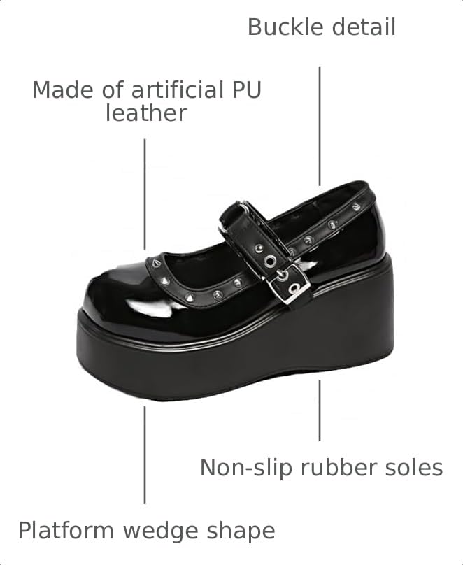 Image of Women's Platform Mary Janes Heart Cat Buckle Rivets Ankle Lolita Gothic Princess Platform Pumps Patent Leather Thorn Vintage Traditional Embroidery Upper Dress Shoes