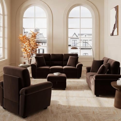 Image of Anderson 6 Seater Fabric Sofa Set (3+2+1) with Storage Ottoman Dark Brown, Premium Velvet Finish Upholstery, Solid Wood Frame, High Density Foam Cushions, Modern Living Room Furniture