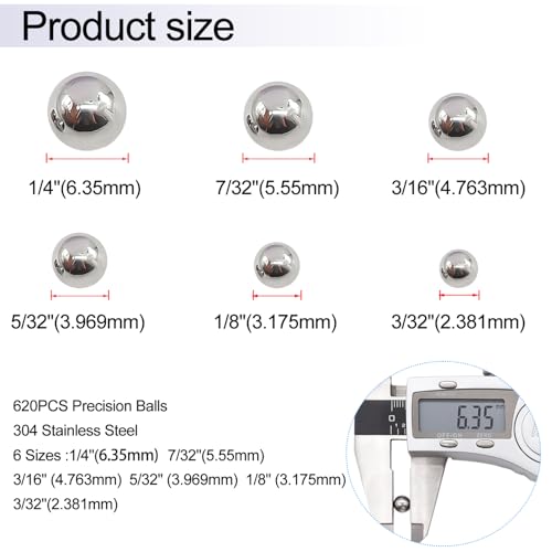 Taiss 620PCS 304 Stainless Steel Precision Balls,Bicycle Bearing Balls Assortment Kit,6 Sizes Steel Balls 1/4" 7/32" 3/16" 5/32" 1/8" 3/32",Precision Steel Ball F-086-620PCS