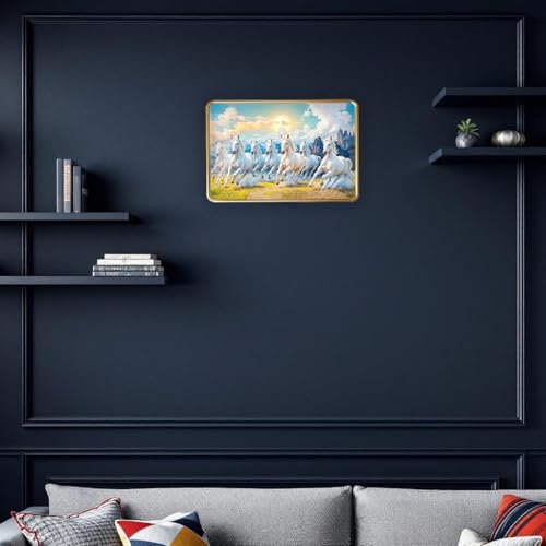 Image of Dharvika Innovations 7 Running Horses Photo Frame, Ultra High Gloss Lamination, Vastu Painting for Living Room, Office, 12x18 Inch (Design 16)