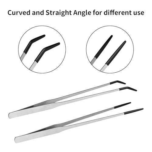 Image of Xfopz 2PCS Long Aquarium Tweezers with Rubber Tip,10.6 inch Straight and Curved Tweezers Terrarium Aquascape Tools, Stainless Steel Reptile Feeding Tongs